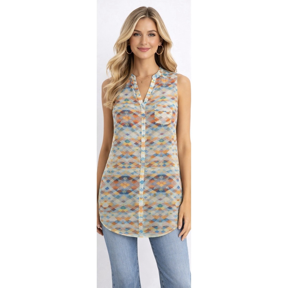 CAbi Avery Aztec Geo Print Front Button Tunic Semi Sheer Top Women's Size Medium